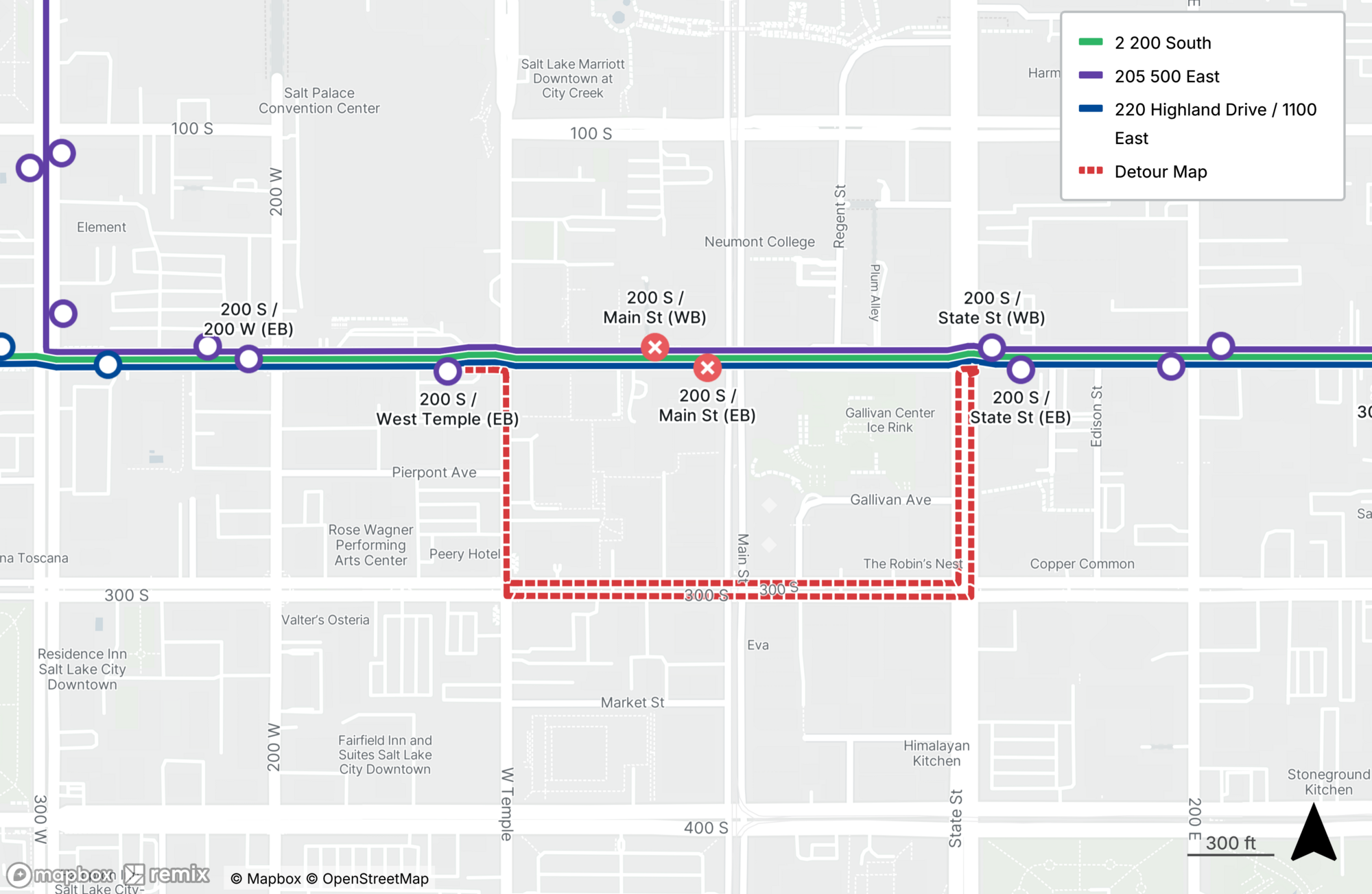 Route 2, 205, and 220 Detour Map