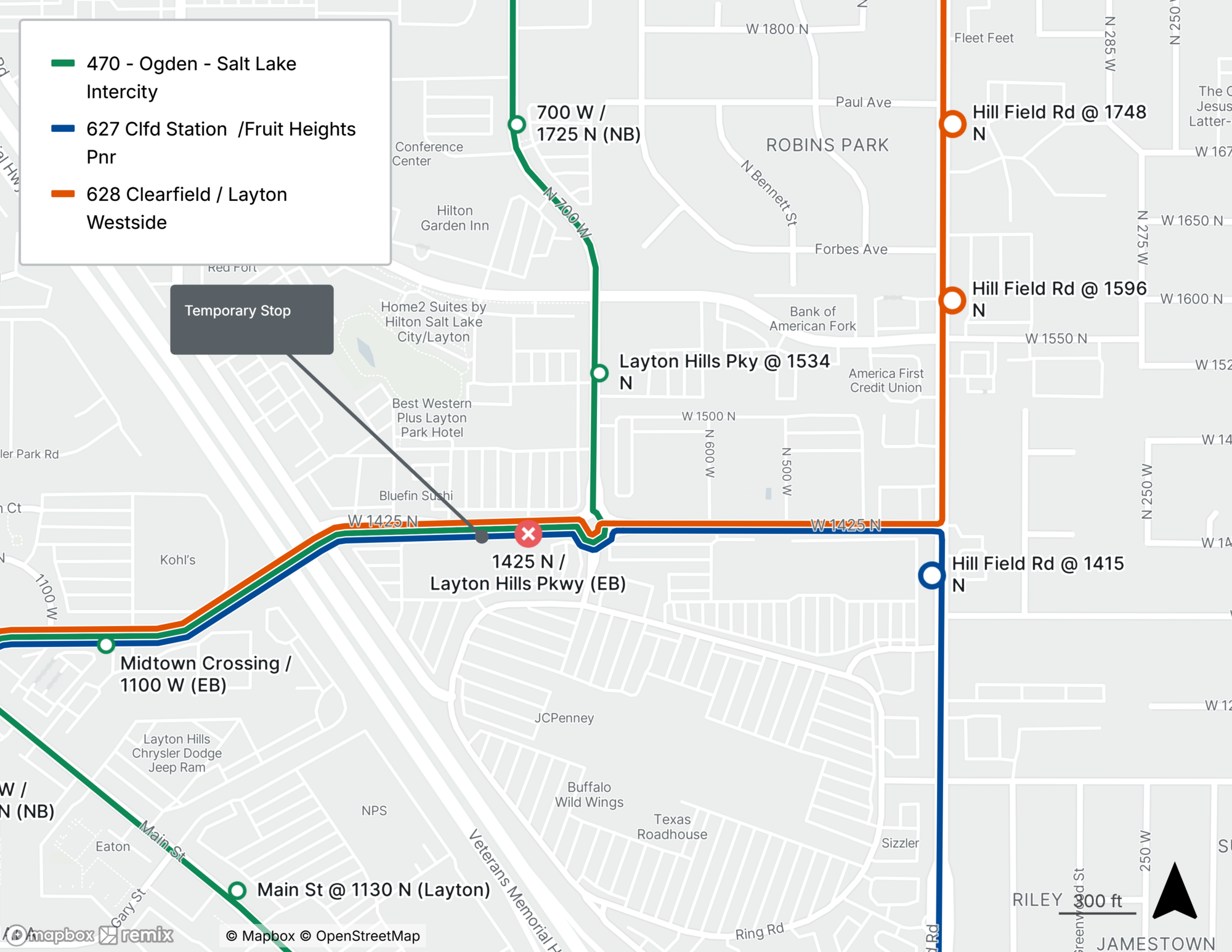 Route 470/627/628 Detour Map 2/17/26