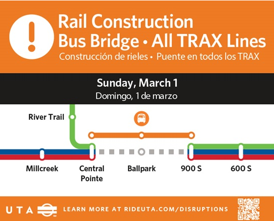 TRAX Construction Bus Bridge Map 3/1/26