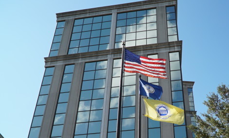 courthoue plaza with flags in front