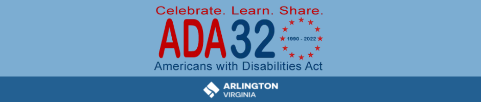 Logo of the 32nd anniversary of the Americans with Disabilities Act with the logo for Arlington County, Virginia.