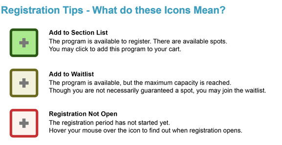 Image describing differences in icon colors by Add to Section List, Add to Waitlist or Registration not Open