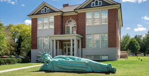 Zaq Landsberg, Reclining Liberty, 2021, Installation view at MoCA Arlington. Photo by Vivian Marie Doering.
