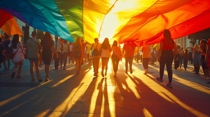 Community walking under Pride flag