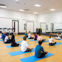 A group of people sitting on yoga mats.