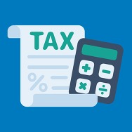 Icon of a sheet of paper with the word 'tax' written on it behind a calculator.
