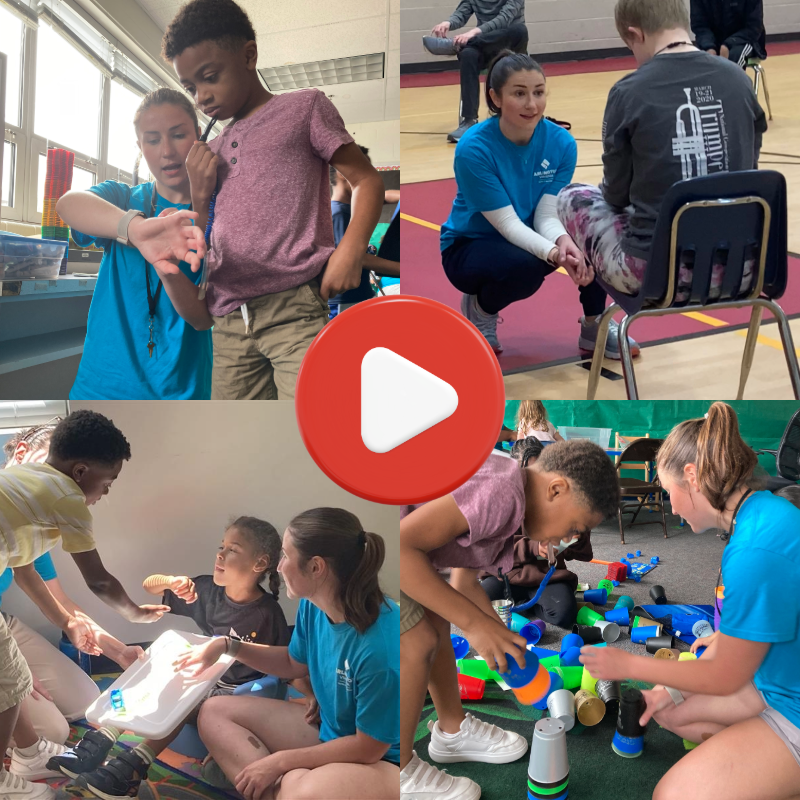 Temp staffer Skyler supporting campers in reading, telling time, building blocks, and in adapted fitness.