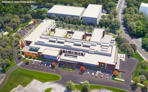 Bird’s-eye view from the north showing a large modern building complex. 