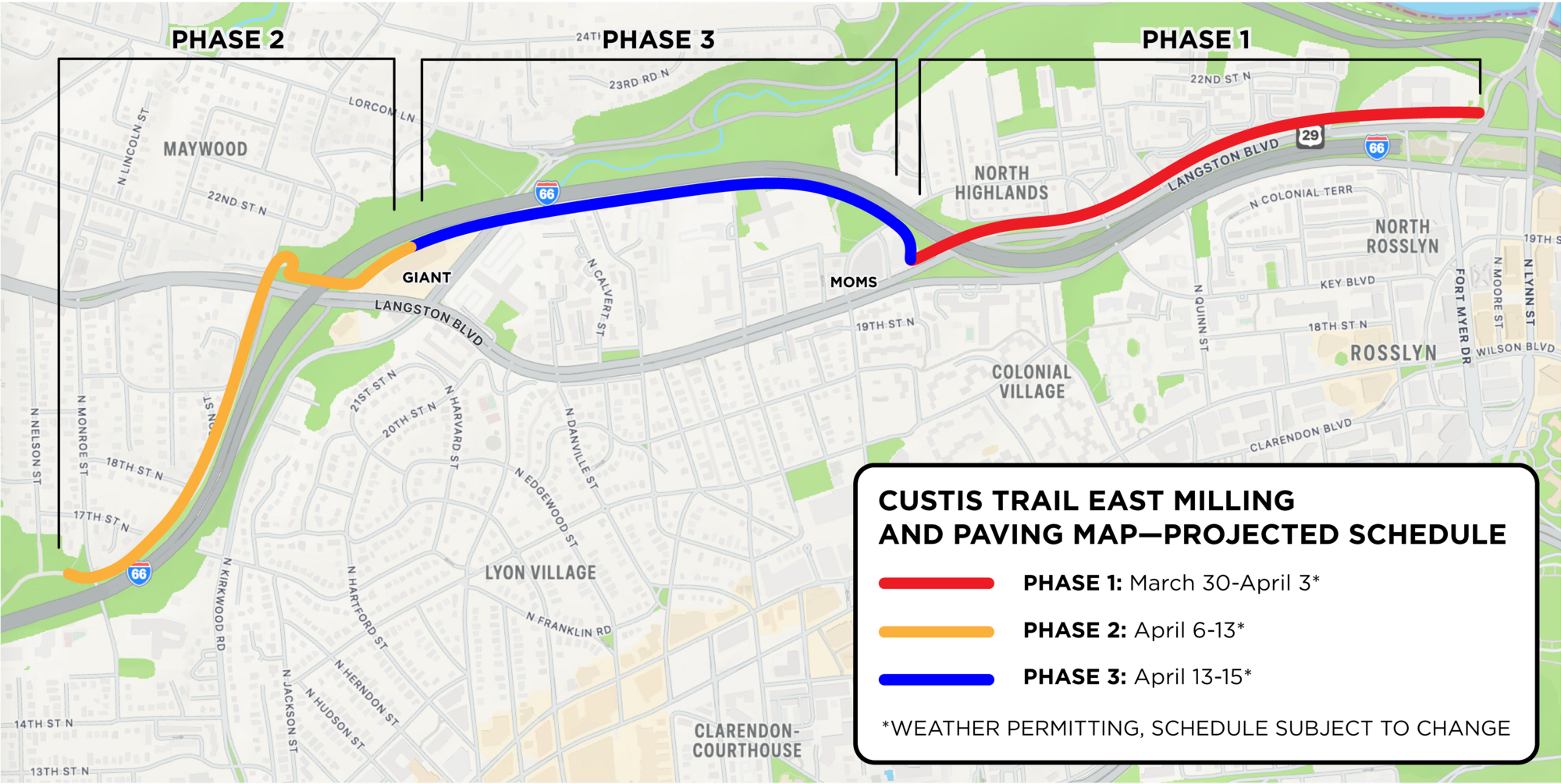 Map outlining the project area and phases for the Custis Trail East Repaving and Milling project during the period of March 30 - April 15.