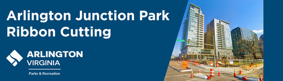 Arlington Junction Park banner with park under construction, cones, and cityscape.