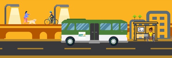 Illustration of a city street with a public transit bus, a bus stop shelter, and people walking, biking, and waiting for transit.