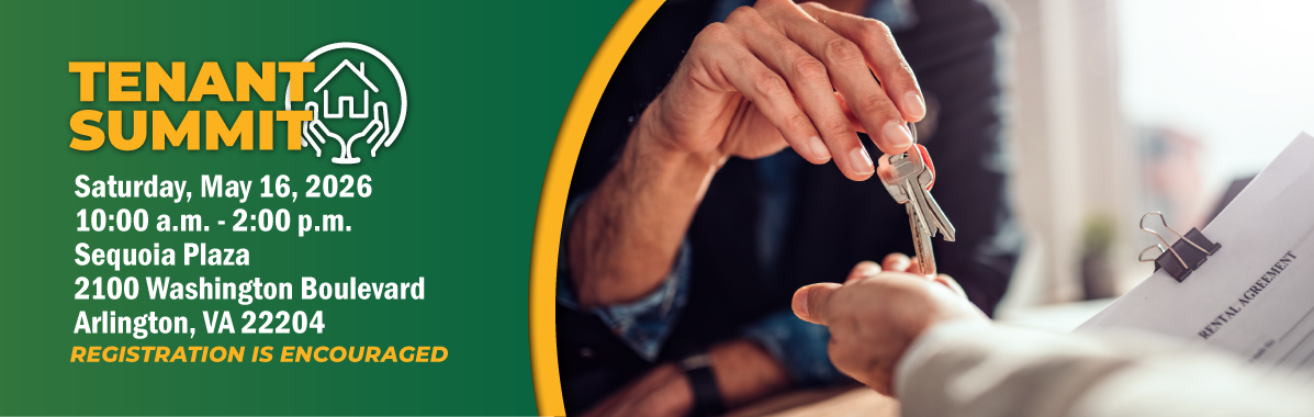 Banner for the Tenant Summit with event details: Sat., May 16, 2026, 10 am - 2 pm, at Sequoia Plaza in Arlington, Virginia.