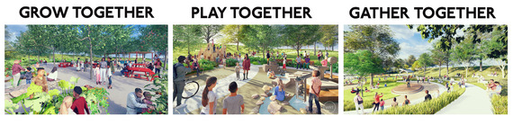 Three park concepts: gardening and orchard spaces, active play and fitness areas, and a gathering lawn with stage and seating, all with ADA paths.