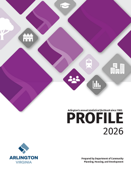 Cover of Arlington County Profile 2026, has violet Arlington County Logos and icons representing transit, homes, people, and info