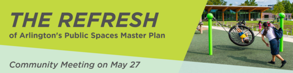 Email header for "The PSMP Refresh" Community Meeting on May 27, featuring a photo of a child on a nest swing at a playground.
