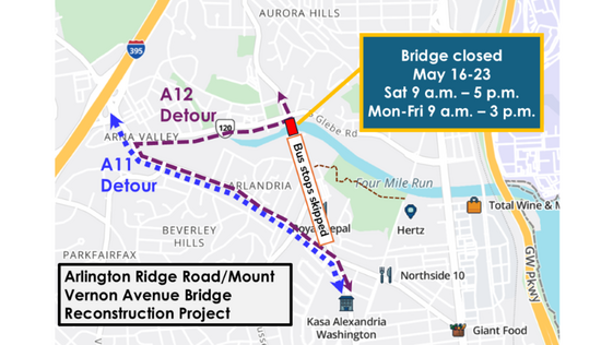 Arlington Ridge Road Bridge Closure Map - May 16-23