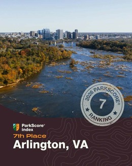 Photograph of Arlington skyline with trees and water in foreground. 2026 ParkScore Ranking #7 awarded to Arlington County, Virginia