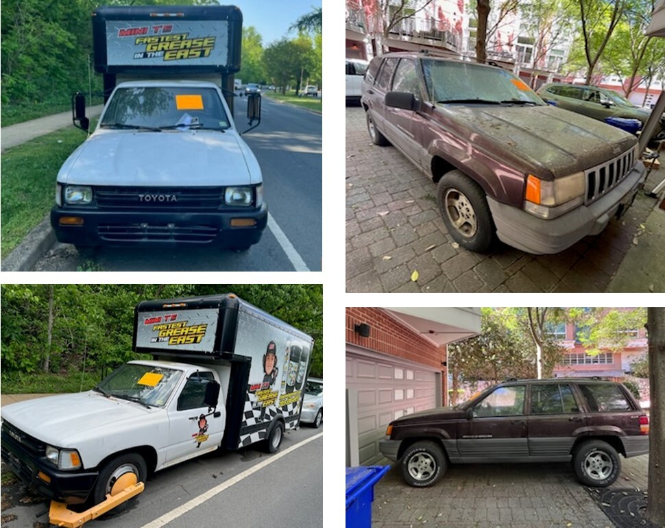 Front and side view photos of 1990 Toyota Cab and 1996 Jeep Cherokee