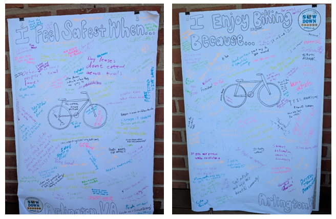 ID: Image of two hand-written signs titled: "I enjoy biking when" and "I feel safest when" with many answers to these prompts in multiple colors.