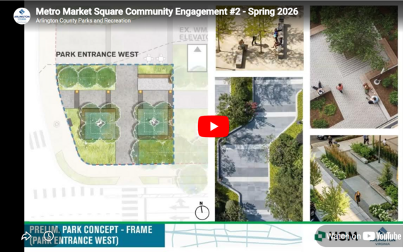 Concept plan with tree-lined plaza layout and rendering images of pedestrian paths and seating areas for Metro Market Square community engagement.
