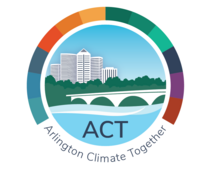 Arlington Climate Together (ACT) logo featuring a city skyline, bridge, and river surrounded by a multicolored circular ring.