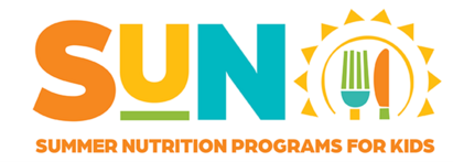 SUN Summer Nutrition Programs for Kids logo with colorful “SUN” text and a sun icon featuring a fork and spoon.