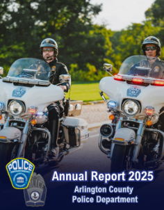 Two motor officers riding side-by-side there are two graphics of the ACPD badge and patch 