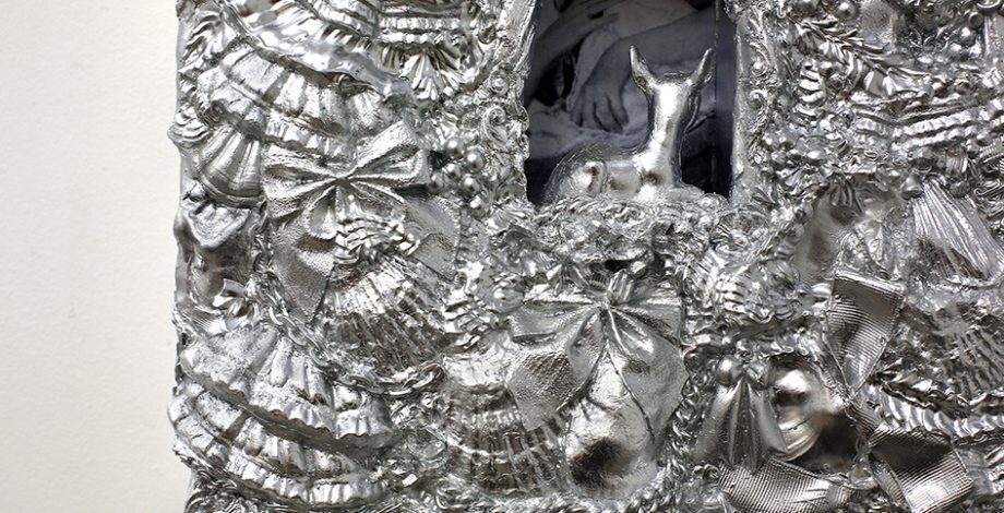 Marissa Long, Horror Vaccui (detail), 2025, Resin, epoxy clay, foam, acrylic, aluminum leaf, and altered found photograph.
