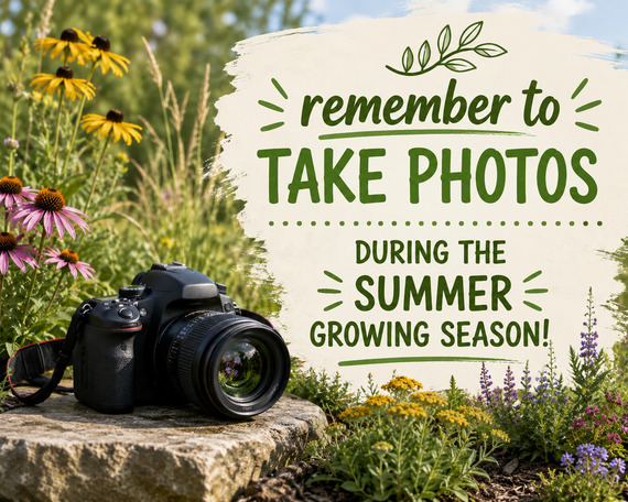 An image of a camera on a rock surrounded by flower with the message, "Remember to take photos during the summer growing season".