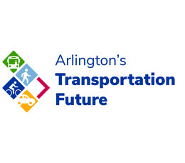 Small icons show a bus, a pedestrian, a cyclist, and a car next to the phrase “Arlington’s Transportation Future.”
