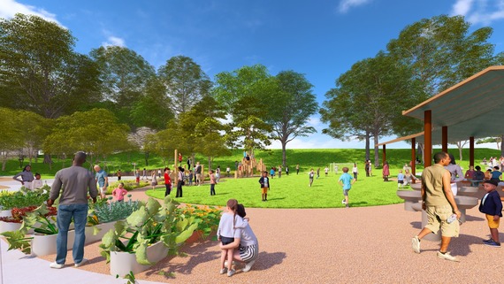 A perspective of the redesigned Drew Park's lower zone, which includes a flex lawn space and improved picnic area.