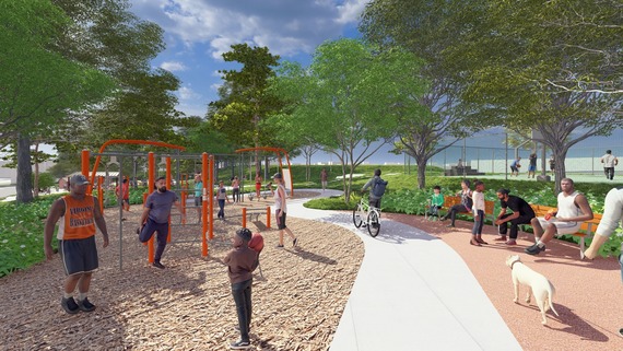 A perspective of the redesigned upper zone at Drew Park, with an adult fitness loop and improved basketball court.