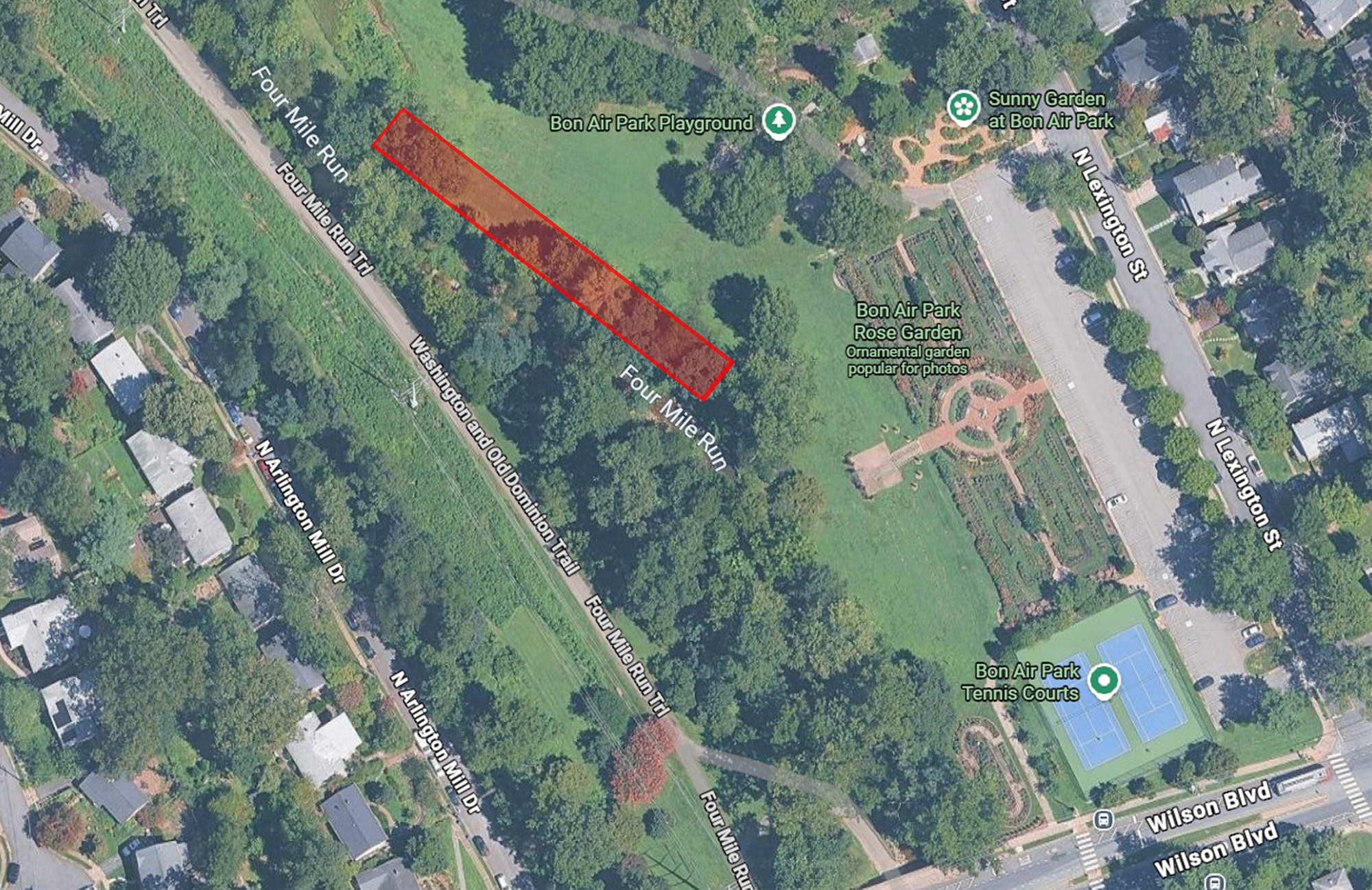Meadow conversion map with a red rectangle to show the work area along four mile run