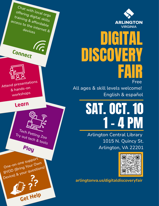 A flyer advertising the Digital Discovery Fair at Central Library on Saturday, October 10, 2026, 1-4 p.m.