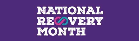 National Recovery Month logo with white text on a purple background