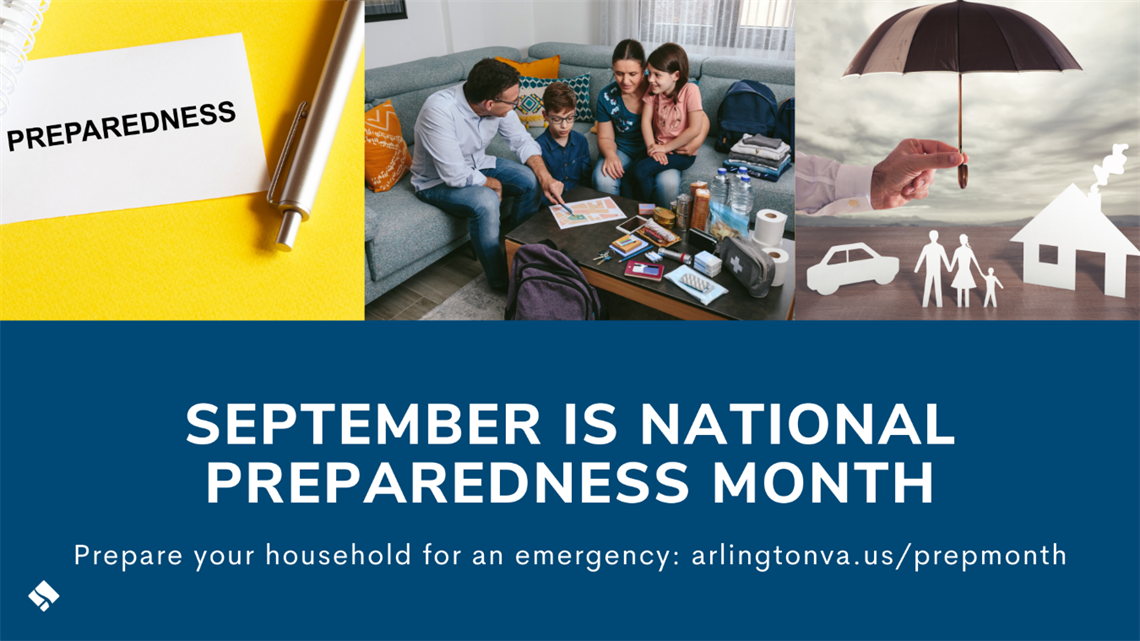 National Preparedness Month graphic showing emergency planning and household preparedness.