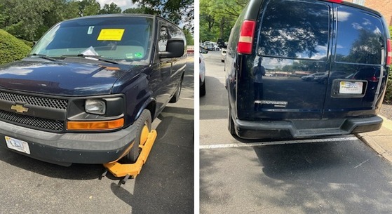 Front and rear views of 2015 Chevy Express Cargo Van. Vehicle has been immobilized and has a notice affixed to the windshield.
