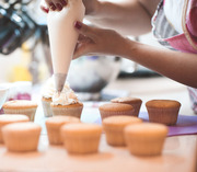 Baker making dessert
