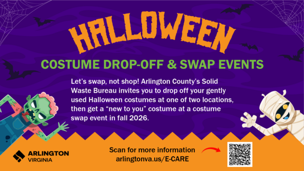 Illustration of Halloween characters to announce costume drop-off and swap events.
