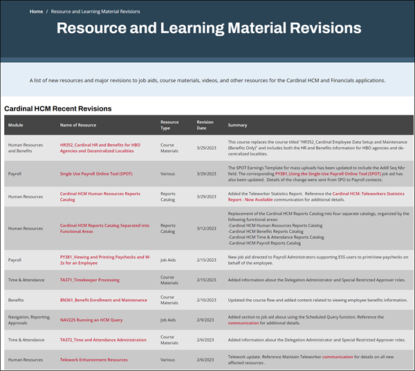 Cardinal Resource and Learning Materials Revision Webpage