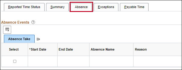 Timesheet page tabs.  Absence tab is highlighted as the active tab.