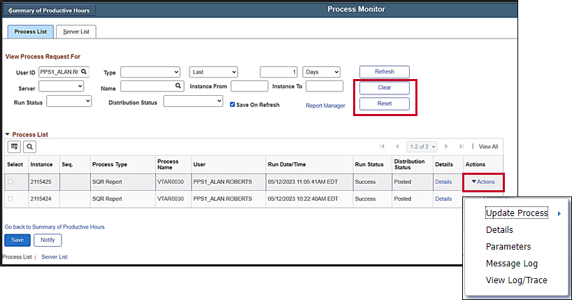 Process Monitor page in Cardinal highlighting new boxes, Clear and Reset on the top right side and the Actions field on the bottom right side.