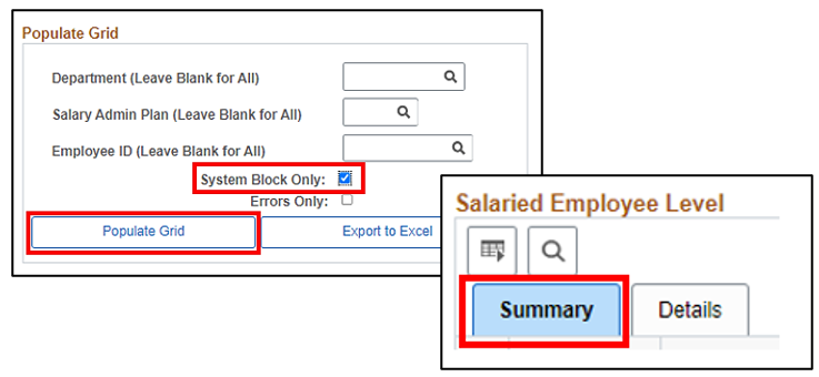 Legislative Salary Inc Review page, Populate Grid button red boxed, System Block Only check box is checked.