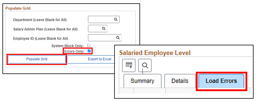 Legislative Salary Inc Review page in Cardinal, Populate Grid button red boxed and Errors Only checkbox is checked.
