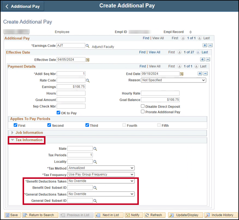 Screenshot of Create Additional Pay page in Cardinal, Tax information section with deductions featured