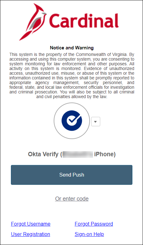 Screenshot of Okta Verify prompt in Cardinal