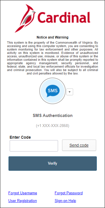 Screenshot of SMS Authentication prompt in Cardinal