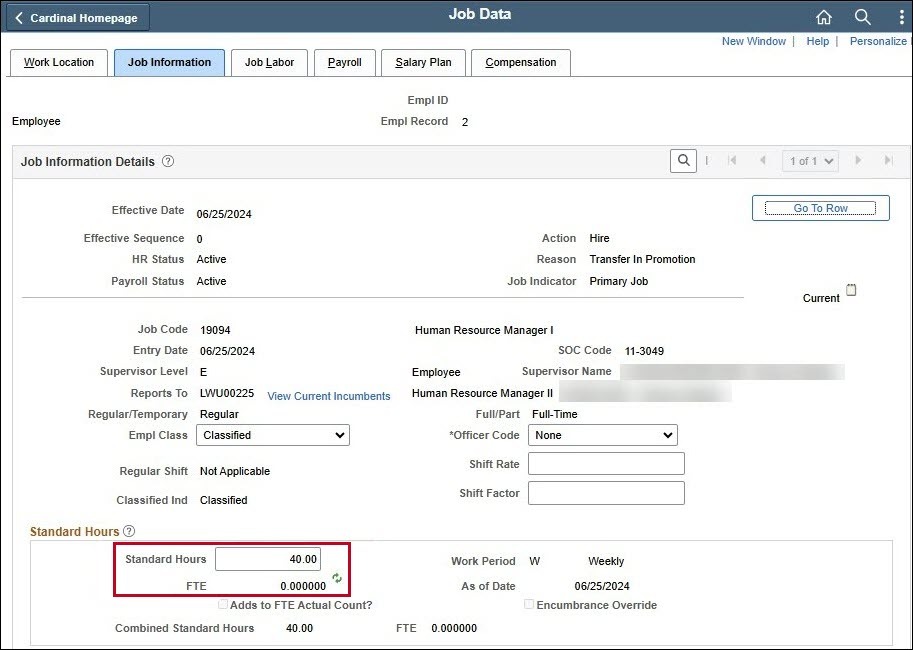 Screenshot of Cardinal HCM Job Data, Job information page where Standard Hours = 40 but FTE is 0.000000