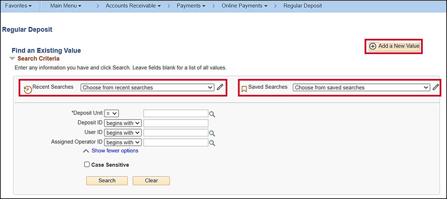 Cardinal search page screenshot. Left: Recent searches. Right: Saved searches. "Add a new value" button at top right.