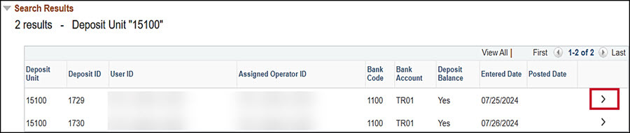 Cardinal search results screenshot. A drill-in icon is highlighted on the right.